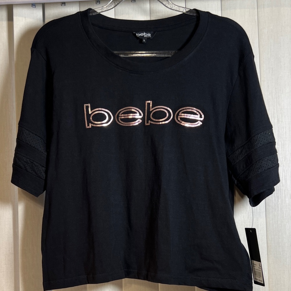 Bebe Black Long Sleeve Top with Logo Accent